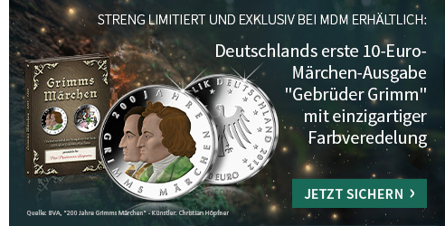 10- und 20-Euro-Gedenkm&uuml;nzen der Serie 200 Jahre Grimms M&auml;rchen farbveredelt